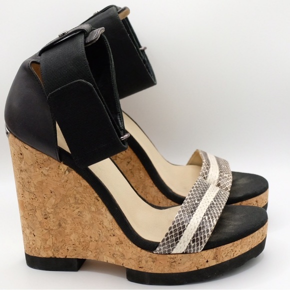 Jimmy Choo Neston Snake Cork Wedge Sandals 38.5 Black Snakeskin Leather - Picture 7 of 16